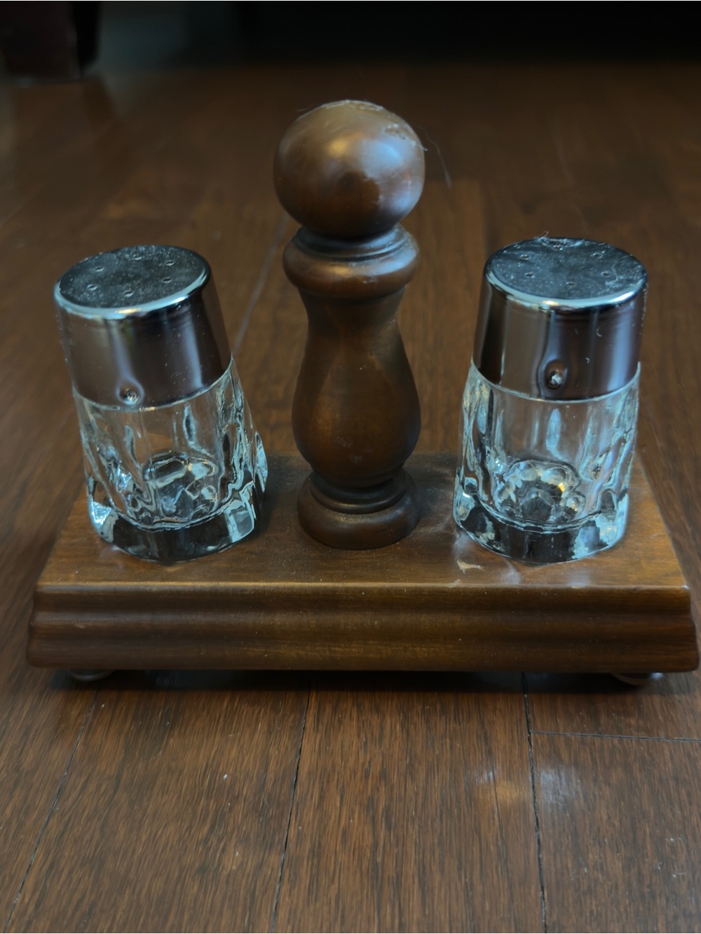 Vintage Wood and Glass Salt and Pepper Shaker Set with Caddy